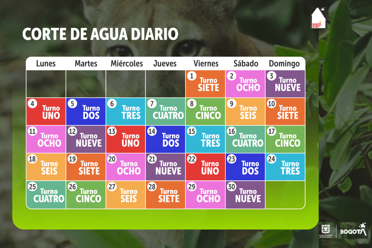 Calendario de cortes de agua en Bogotá, mes de noviembre