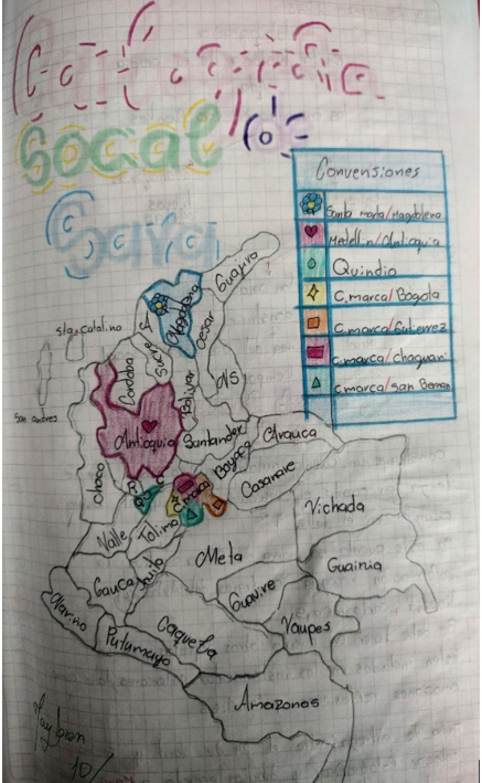 Imagen del mapa de Colombia en el cuaderno