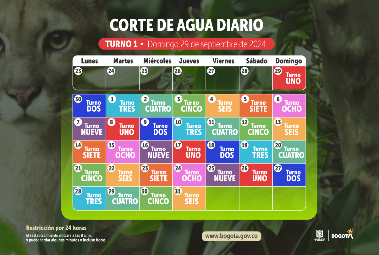 Calendario de cortes de agua en Bogotá, mes de octubre