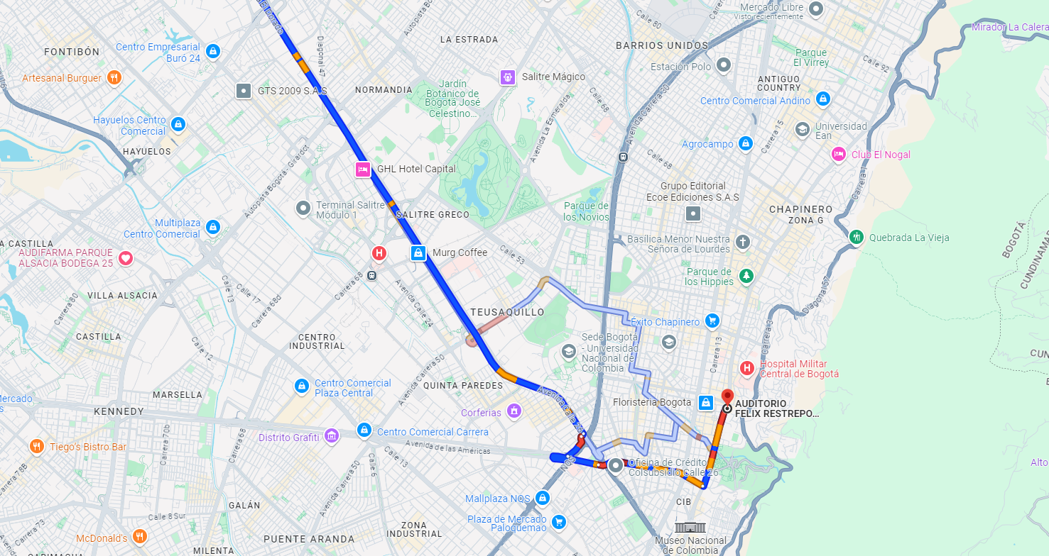 Ruta del aeropuerto al auditorio Felix Restrepo a la Javeriana