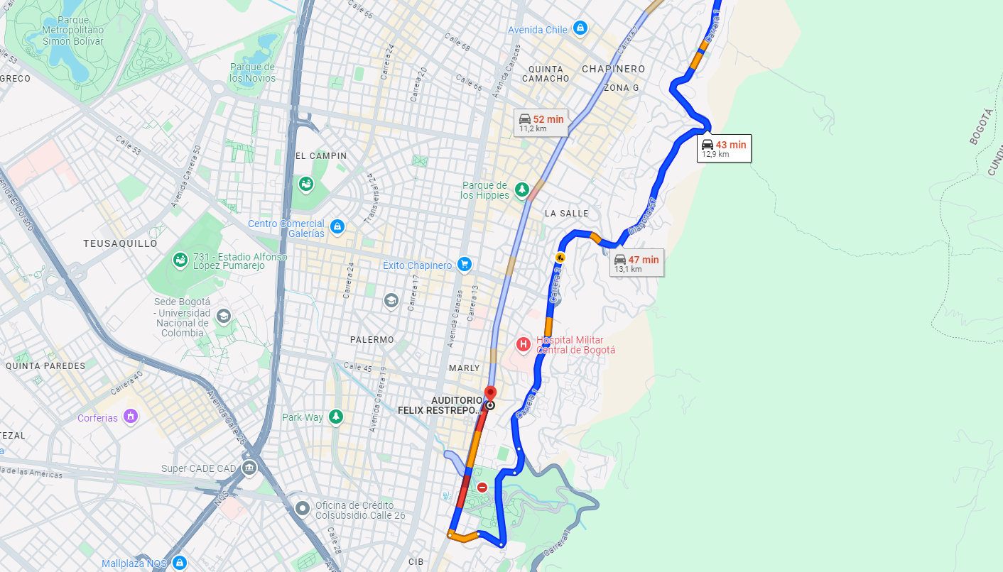 Ruta nororiente al auditorio Felix Restrepo a la Javeriana