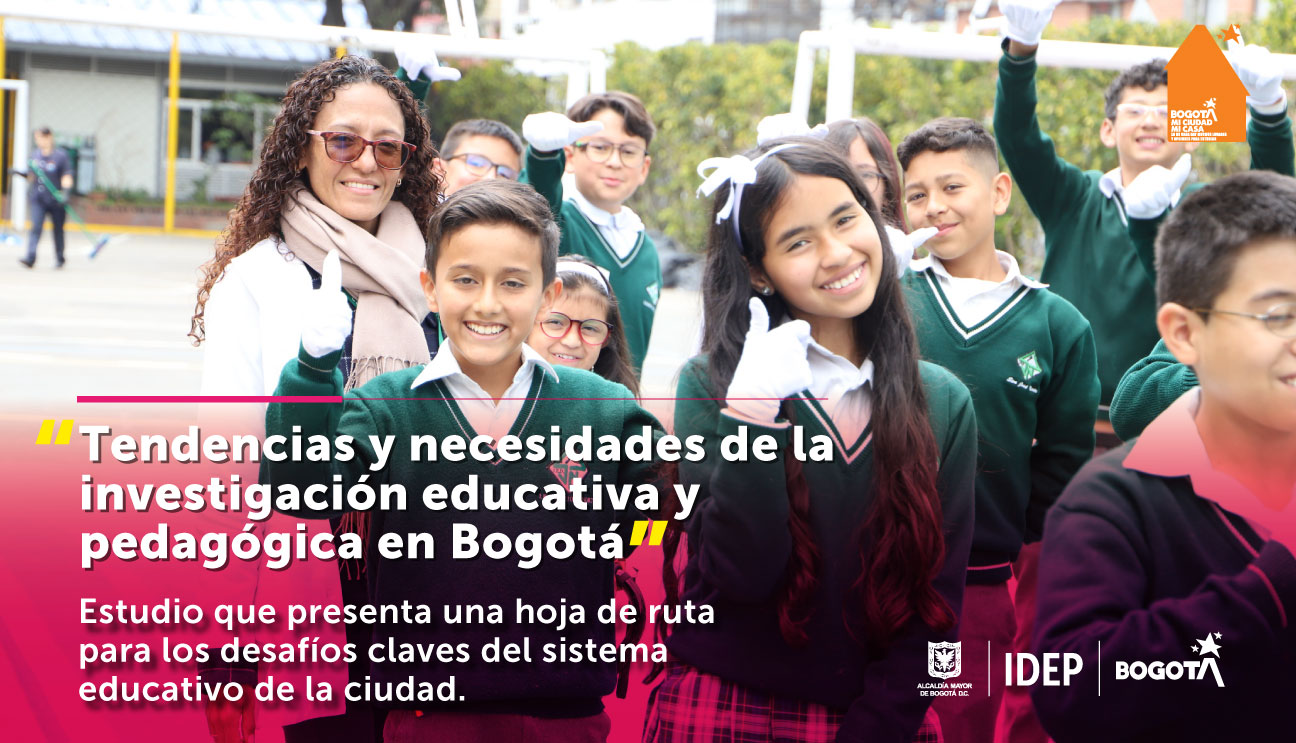 Estudiantes sonriendo y le titulo Tendencias y necesidades de la investigación educativa y pedagógica en Bogotá