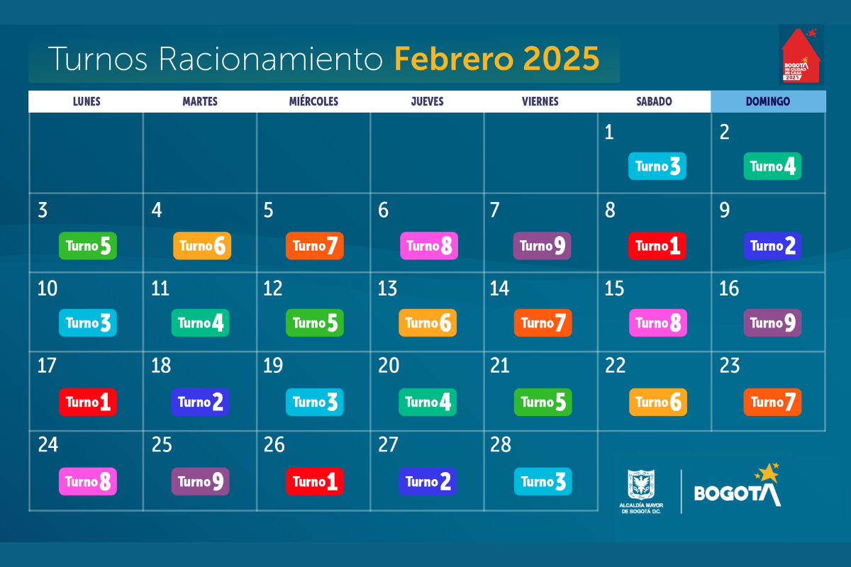 Calendario de cortes de agua en Bogotá, mes de febrero de 2025