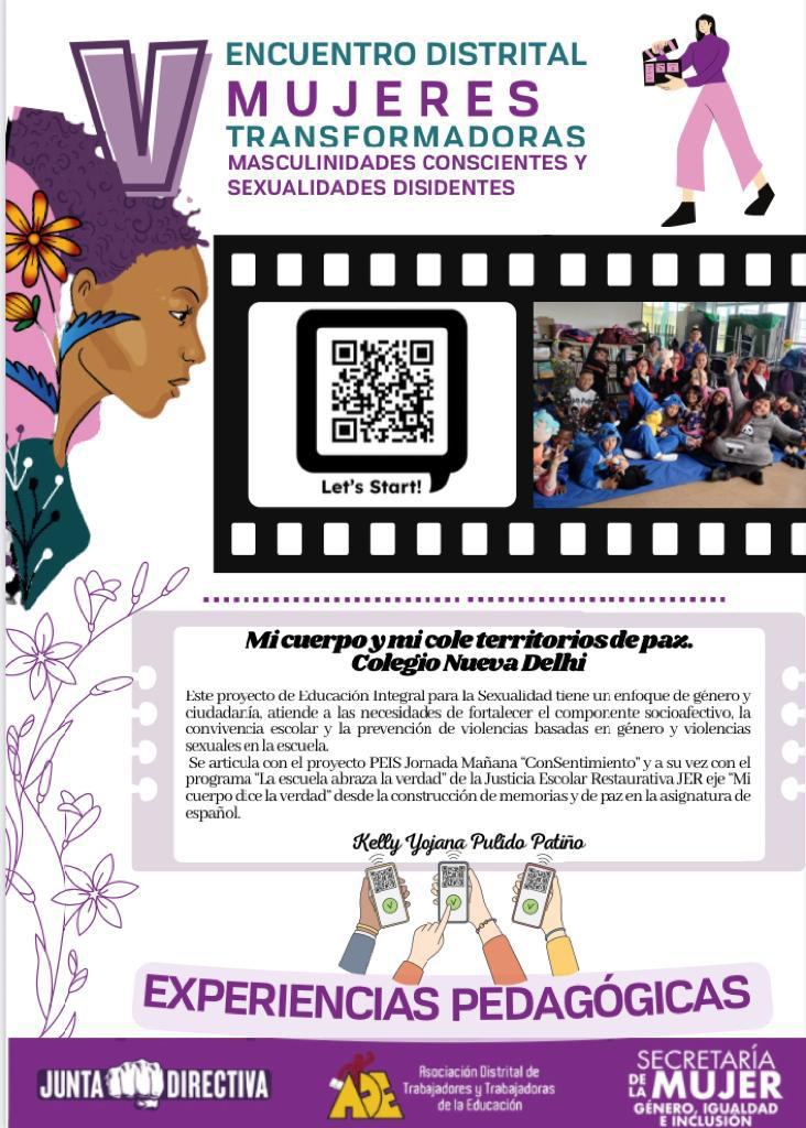 Flayer del quinto encuentro distrital mujeres transformadoras y código QR de una presentación